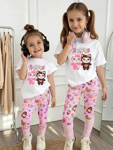 2pcs Girls Casual Y2k Korean Cartoon Rabbit Letter Print Short Sleeve T-Shirt And Leggings Set Back To School Street Style Autumn Birthday White Pink - Multicolor - View 1