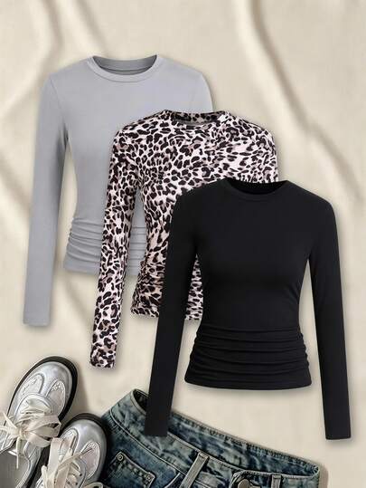 SHEIN Sparklyn Tween Girls 9-16Y 3-Pack Ruched Long Sleeve Tees, Leopard Print & Solid Slim Fit Soft Casual Tops For Daily School Wear