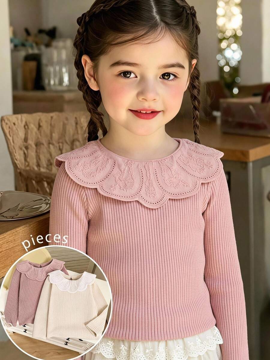 Elladie kids Áo thun tay dài vải gân cho bé gái có cổ viền ren, thoải mái, thời trang thanh lịch, phù hợp cho mùa xuân, thu, đông - Hồng - Xem 1