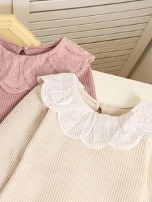 Elladie kids Áo thun tay dài vải gân cho bé gái có cổ viền ren, thoải mái, thời trang thanh lịch, phù hợp cho mùa xuân, thu, đông - Hồng - Xem 6