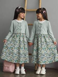 SHEIN Sparklyn 2pcs/Set Girls Casual Ribbed Knit Cardigan With Bow Decor And Minimalist Printed Slip Dress, Spring/Autumn Fall Winter - Mint Green - View 1
