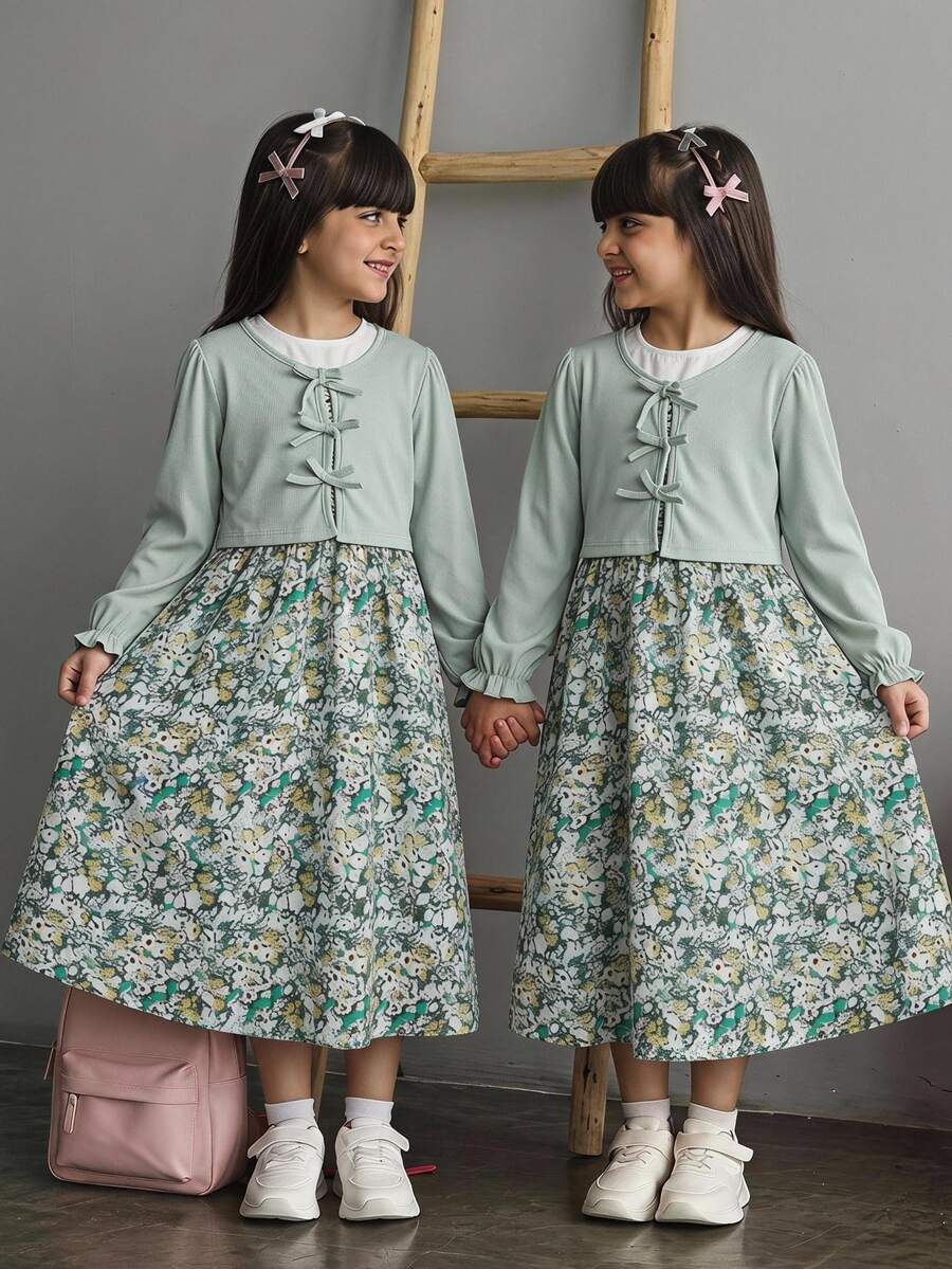SHEIN Sparklyn 2pcs/Set Girls Casual Ribbed Knit Cardigan With Bow Decor And Minimalist Printed Slip Dress, Spring/Autumn Fall Winter - Mint Green - View 1