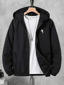 1pc Boys' Casual Streetwear Hooded Jacket With Front Print, Long Sleeve, Suitable For Daily, Commuting, Outdoor Wear, Spring/Autumn Fall Winter - Black - View 1