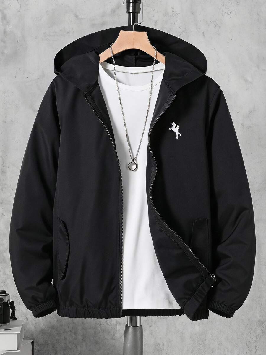 1pc Boys' Casual Streetwear Hooded Jacket With Front Print, Long Sleeve, Suitable For Daily, Commuting, Outdoor Wear, Spring/Autumn Fall Winter - Black - View 1