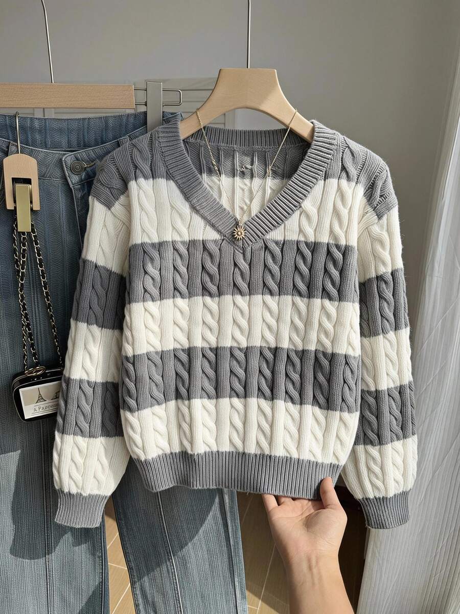 SHEIN Explorewe Tween Girls' Striped Color Block Cable Knit V-Neck Lantern Sleeve Oversized Casual Loose Pullover Sweater Suitable For Autumn/Winter Outings White - Grey - View 1