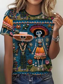 SHEIN LUNE Halloween Hooded Skeleton Portrait Geometric All-Over Print Crew Neck Short Sleeve Day Of The Dead T-Shirt - Black - View 4