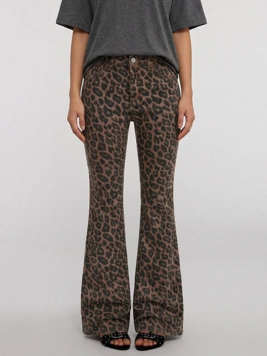 SHEIN Celana Jeans Bootcut Ketat Stretch Motif Leopard Longgar dan Nyaman untuk Remaja Perempuan Gaya Y2K, Warna Hitam, untuk Sekolah - MultiWarna - View 1