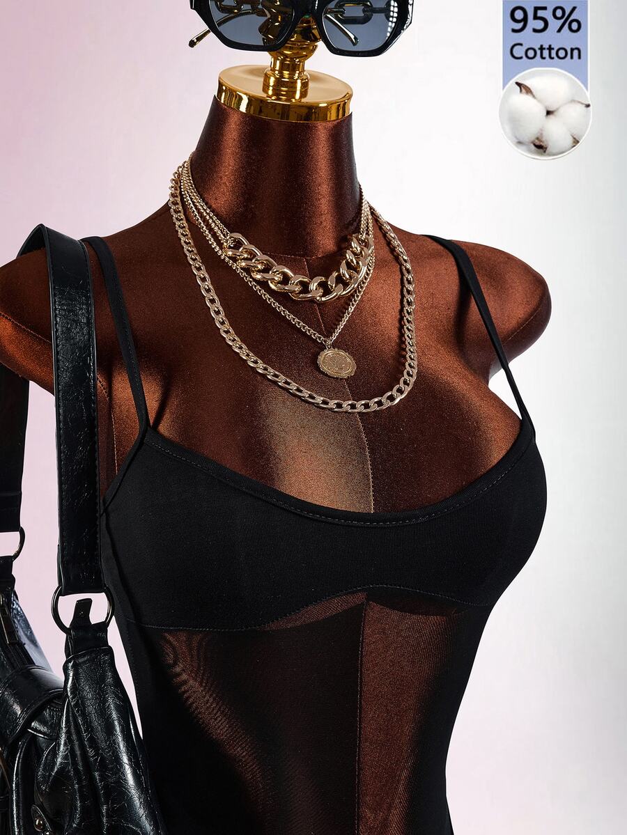Amplova Women's Solid Color Contrast Mesh Spaghetti Strap Sexy Fitted Camisole - Black - View 1