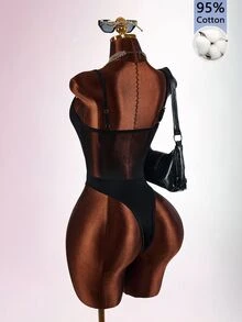 Amplova Women's Solid Color Contrast Mesh Spaghetti Strap Sexy Fitted Camisole - Black - View 6