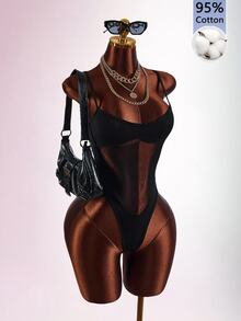 Amplova Women's Solid Color Contrast Mesh Spaghetti Strap Sexy Fitted Camisole - Black - View 5