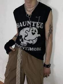 Manfinity EMRG 男士深色嘻哈街頭風 Grunge 提花撞色針織背心，萬聖節度假/假期秋季 Y2K 哥德風沙灘黑色外出穿搭 - 黑色 - 查看 2