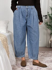 EMERY ROSE EMERY ROSE Plus Size Fashion Versatile Button Pocket Pleated Denim Jeans Summer Formal Going Out Evening Date Night Vacation Blue Light Casual Traditional Baggy - Blue - View 4