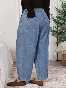 EMERY ROSE EMERY ROSE Plus Size Fashion Versatile Button Pocket Pleated Denim Jeans Summer Formal Going Out Evening Date Night Vacation Blue Light Casual Traditional Baggy - Blue - View 3