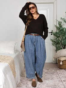 EMERY ROSE EMERY ROSE Plus Size Fashion Versatile Button Pocket Pleated Denim Jeans Summer Formal Going Out Evening Date Night Vacation Blue Light Casual Traditional Baggy - Blue - View 9