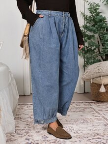 EMERY ROSE EMERY ROSE Plus Size Fashion Versatile Button Pocket Pleated Denim Jeans Summer Formal Going Out Evening Date Night Vacation Blue Light Casual Traditional Baggy - Blue - View 8