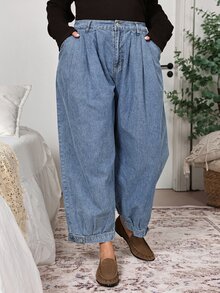EMERY ROSE EMERY ROSE Plus Size Fashion Versatile Button Pocket Pleated Denim Jeans Summer Formal Going Out Evening Date Night Vacation Blue Light Casual Traditional Baggy - Blue - View 10