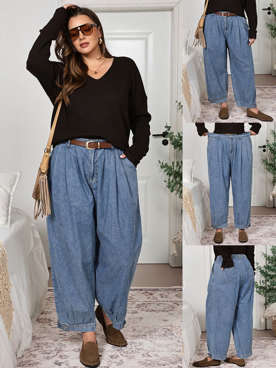 EMERY ROSE EMERY ROSE Plus Size Fashion Versatile Button Pocket Pleated Denim Jeans Summer Formal Going Out Evening Date Night Vacation Blue Light Casual Traditional Baggy