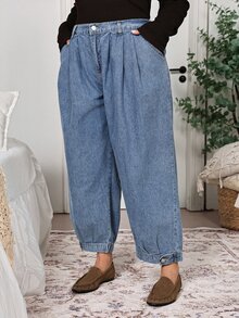 EMERY ROSE EMERY ROSE Plus Size Fashion Versatile Button Pocket Pleated Denim Jeans Summer Formal Going Out Evening Date Night Vacation Blue Light Casual Traditional Baggy - Blue - View 6