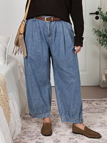 EMERY ROSE EMERY ROSE Plus Size Fashion Versatile Button Pocket Pleated Denim Jeans Summer Formal Going Out Evening Date Night Vacation Blue Light Casual Traditional Baggy - Blue - View 11