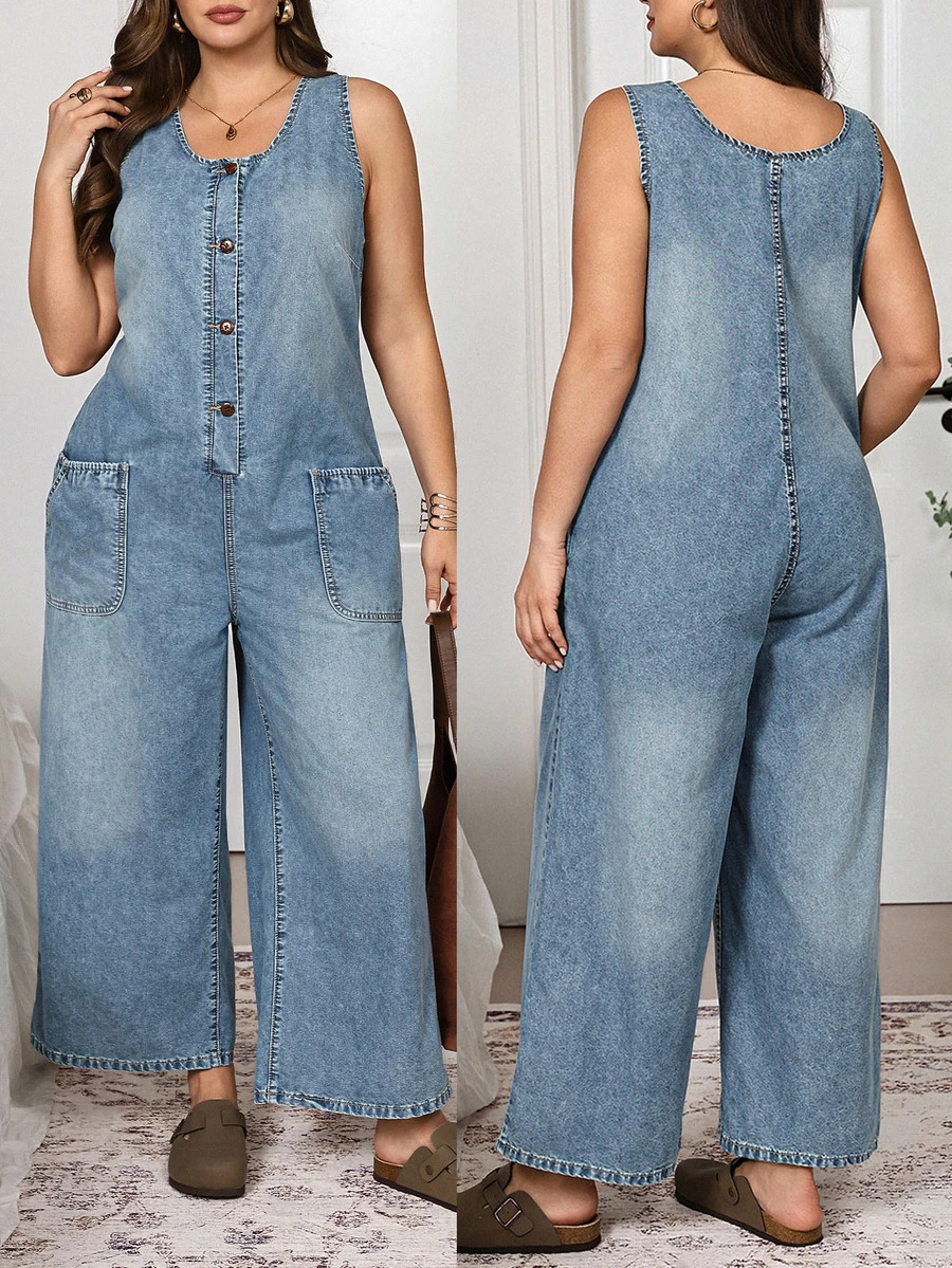 EMERY ROSE EMERY ROSE Plus Size Casual Sleeveless Denim Jumpsuit For Vacation Fall/Winter