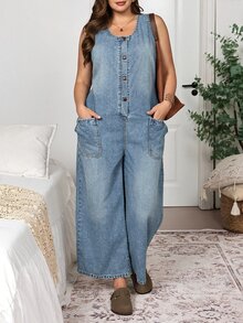 EMERY ROSE EMERY ROSE Plus Size Casual Sleeveless Denim Jumpsuit For Vacation Fall/Winter - Blue - View 6