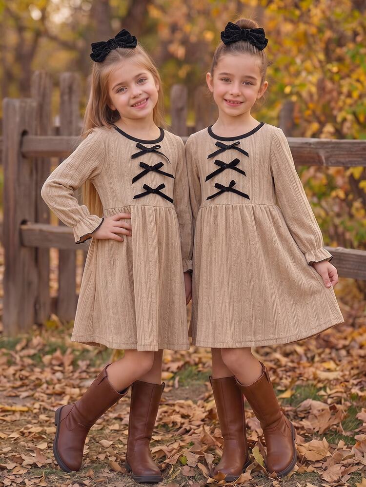 1pc Young Girls French Gentle Style Khaki Dress, 3D Cable Texture Fabric, Round Neck With Black Contrast Trim, 3 Vertical Black Satin Bows On Chest, 3/4 Puff Sleeves With Black Cuffs, Ruffle Waist, A-Line Skirt, Thin Spring/Autumn Casual Outing Party Dress - Khaki - View 7