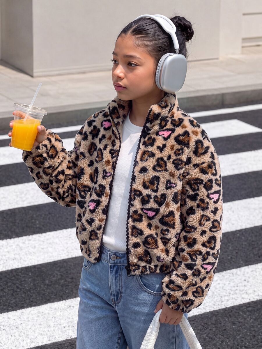 SHEIN Girls Leopard Heart Fuzzy Zip Crop Jacket, Stand Collar Plush Coat - Brown - View 1