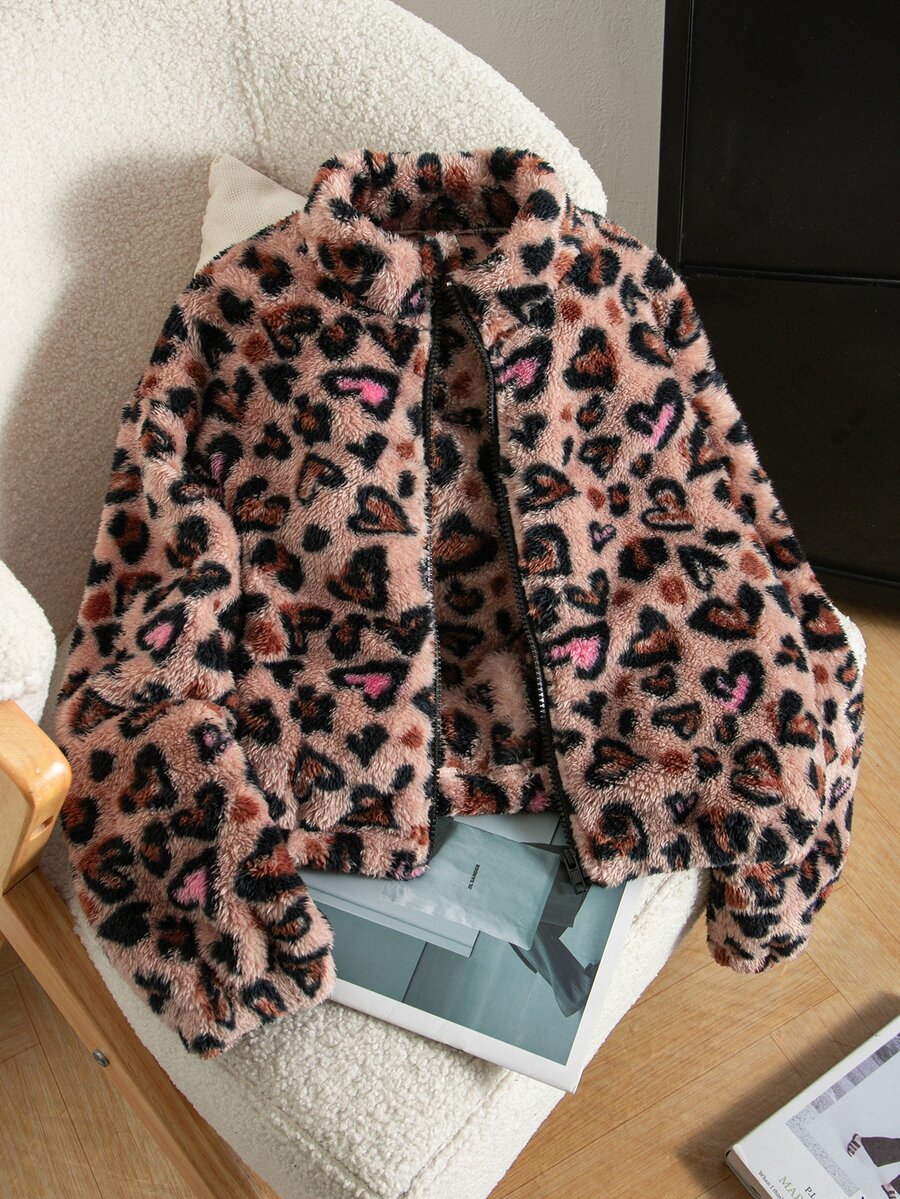 SHEIN 女童豹紋愛心毛絨拉鍊短版夾克,立領毛絨外套 - 棕色 - 查看 1