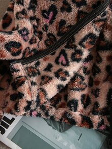 SHEIN 女童豹紋愛心毛絨拉鍊短版夾克，立領毛絨外套 - 棕色 - 查看 4