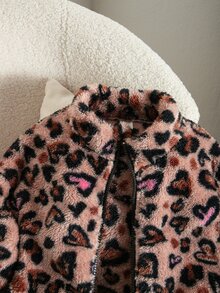 SHEIN 女童豹紋愛心毛絨拉鍊短版夾克，立領毛絨外套 - 棕色 - 查看 5