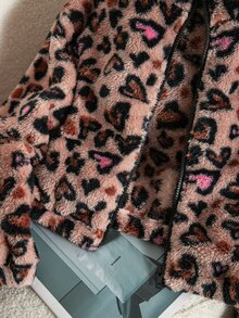 SHEIN 女童豹紋愛心毛絨拉鍊短版夾克，立領毛絨外套 - 棕色 - 查看 6