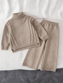 SHEIN Girls' Knitted Set, Suitable For Autumn/Winter Wear, High Neck Set, Knit Set, Suitable For Outings, Vacations, Parties, Back To School Season And Other Occasions, Wide Leg Pants, Comfortable And Soft - Khaki - View 1
