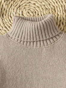 SHEIN Girls' Knitted Set, Suitable For Autumn/Winter Wear, High Neck Set, Knit Set, Suitable For Outings, Vacations, Parties, Back To School Season And Other Occasions, Wide Leg Pants, Comfortable And Soft - Khaki - View 4