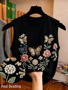 Selianne Women's Round Neck Floral Butterfly Embroidered Pattern Casual Versatile Daily Wear Top - Black - View 3