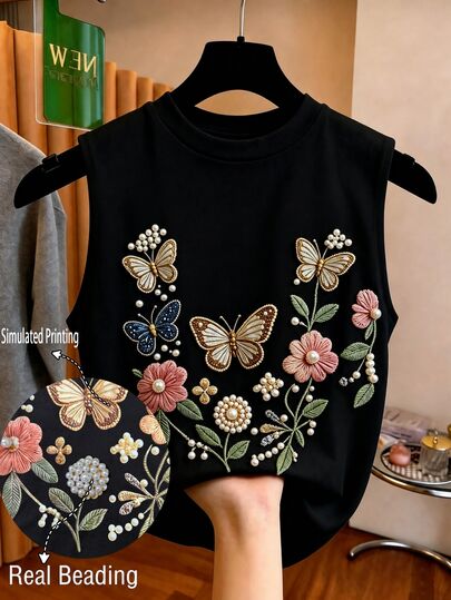Selianne Women's Round Neck Floral Butterfly Embroidered Pattern Casual Versatile Daily Wear Top