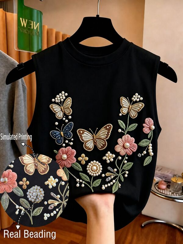 GlowEve Women's Round Neck Floral Butterfly Embroidered Pattern Casual Versatile Daily Wear Top