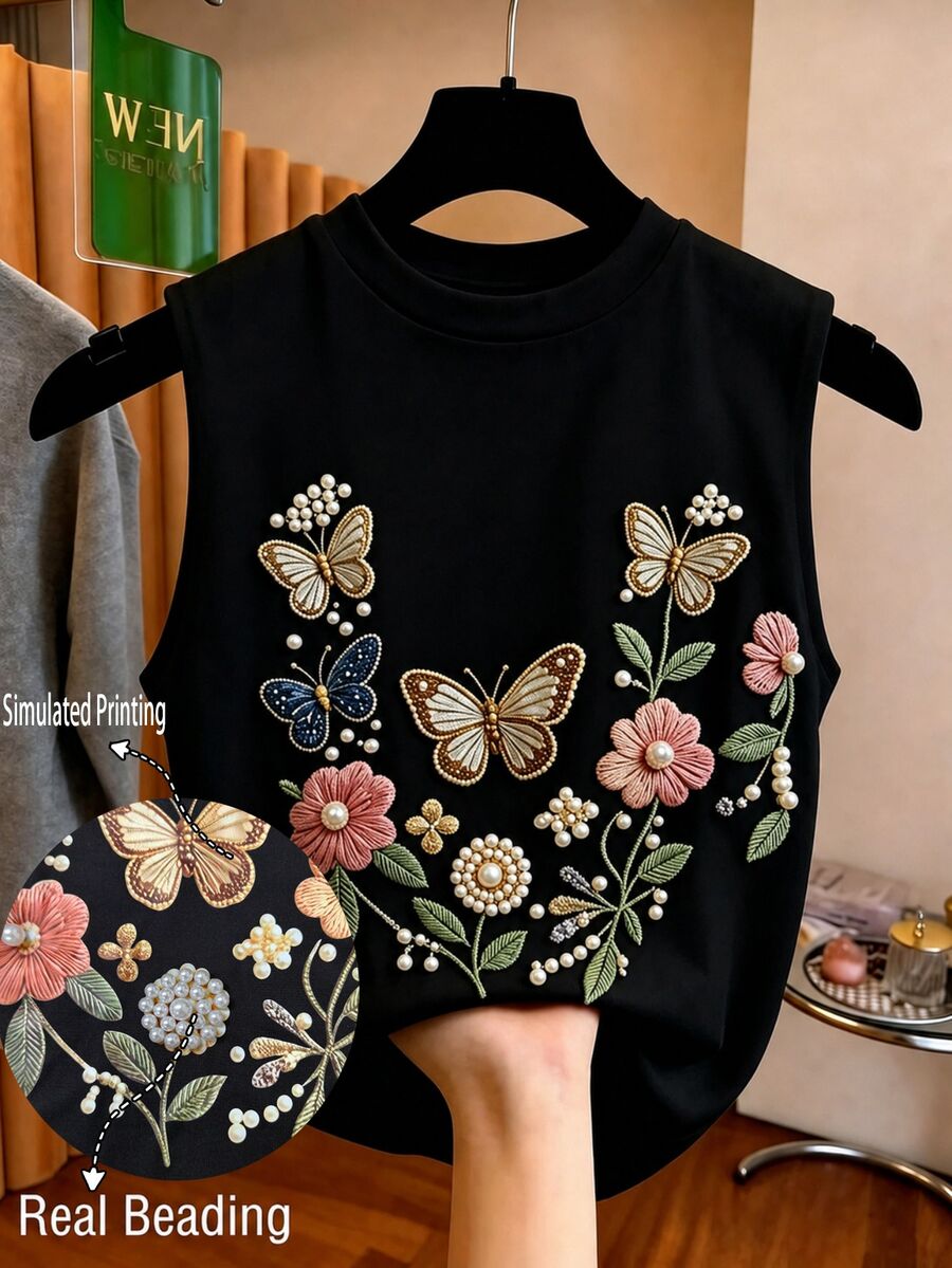 Selianne Women's Round Neck Floral Butterfly Embroidered Pattern Casual Versatile Daily Wear Top - Black - View 1
