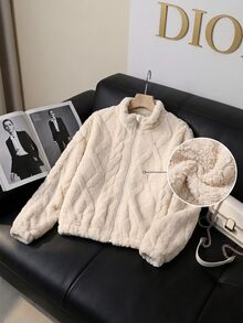 SHEIN 青少年女孩米色長袖休閒可愛端莊時尚針織毛絨紋理面料拉鍊夾克，寬鬆版型，舒適冬季校園職場穿搭 - 杏色 - 查看 6
