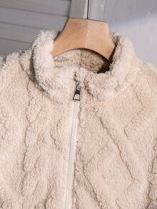 SHEIN 青少年女孩米色長袖休閒可愛端莊時尚針織毛絨紋理面料拉鍊夾克，寬鬆版型，舒適冬季校園職場穿搭 - 杏色 - 查看 5