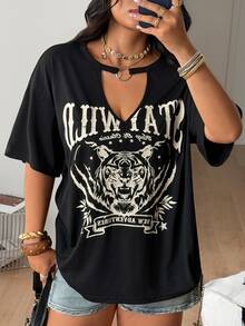 Coolane Women Plus Size Summer Casual Tiger & Letter Printed Hollow Out Neckline Drop Shoulder Loose Black T-Shirt Inclusive Sizing For Every Body - Black - View 5