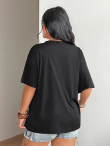 Coolane Women Plus Size Summer Casual Tiger & Letter Printed Hollow Out Neckline Drop Shoulder Loose Black T-Shirt Inclusive Sizing For Every Body - Black - View 6