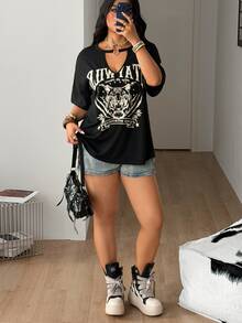 Coolane Women Plus Size Summer Casual Tiger & Letter Printed Hollow Out Neckline Drop Shoulder Loose Black T-Shirt Inclusive Sizing For Every Body - Black - View 4
