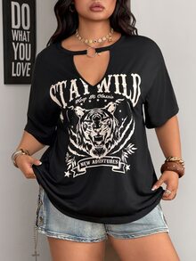 Coolane Women Plus Size Summer Casual Tiger & Letter Printed Hollow Out Neckline Drop Shoulder Loose Black T-Shirt Inclusive Sizing For Every Body - Black - View 7