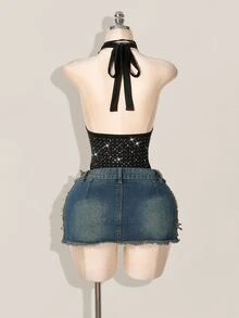 SHEIN ICON 女式水钻装饰深 V 领露背高开叉紧身衣 - 黑色 - 查看 3