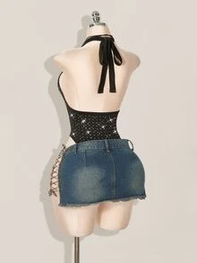SHEIN ICON 女式水钻装饰深 V 领露背高开叉紧身衣 - 黑色 - 查看 11