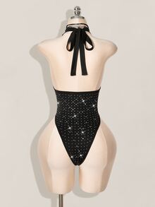 SHEIN ICON 女式水钻装饰深 V 领露背高开叉紧身衣 - 黑色 - 查看 7
