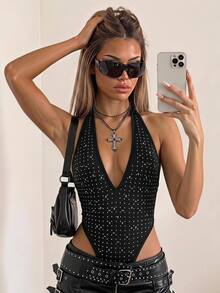 SHEIN ICON 女式水钻装饰深 V 领露背高开叉紧身衣 - 黑色 - 查看 12