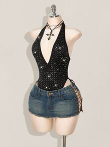 SHEIN ICON 女式水钻装饰深 V 领露背高开叉紧身衣 - 黑色 - 查看 9