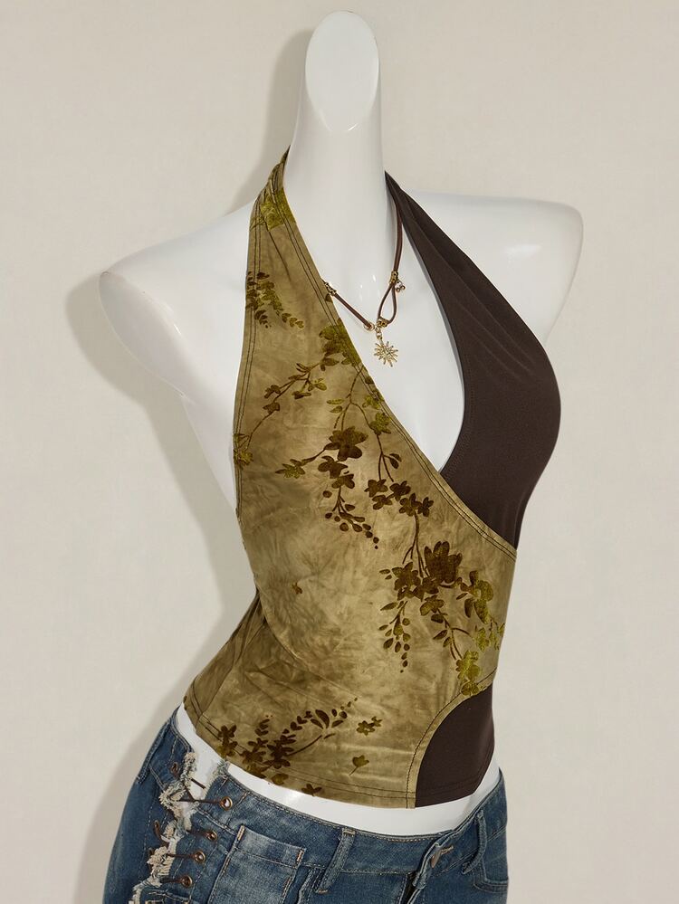 SHEIN ICON Women's Vintage Sexy Pattern Burnout Fabric V-Neck Halter Backless Strap Back Tank Top Holiday All Shades Of Brown Summer - Yellow - View 6