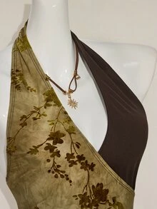 SHEIN ICON 女式复古图案烂花面料 V 领露背吊带背心 - 黃色 - 查看 5
